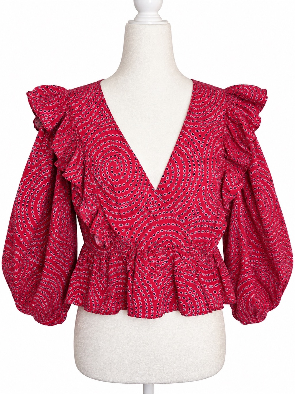 RHODE Resort Elodie Top Red Trail Ruffle Puff Sleeve Blouse XL